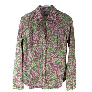 Lilly Pulitzer Sea View Button Down linen Shirt size L pink and green paisley